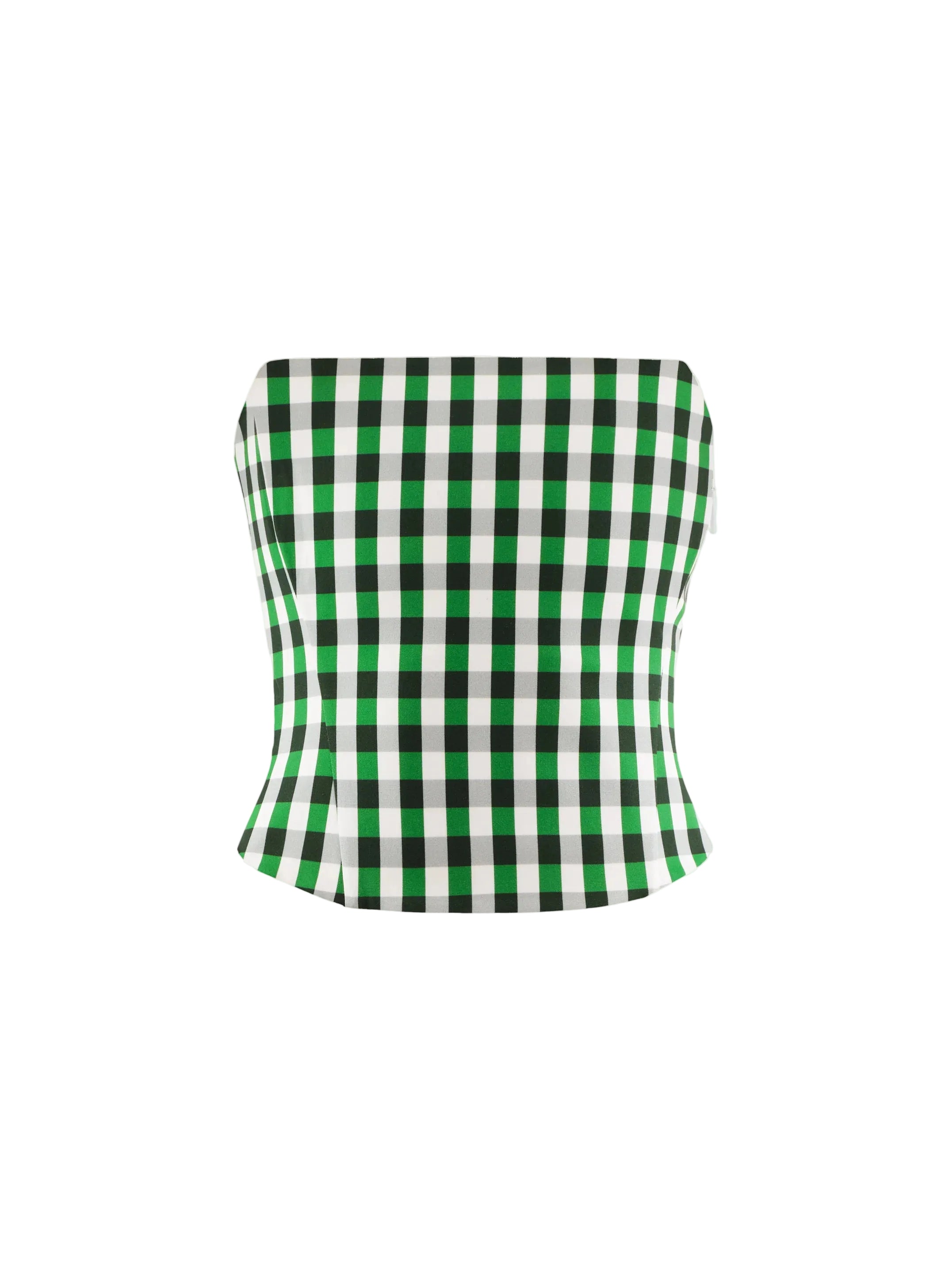 Cultnaked Vixen Bandeau Corset Top in green gingham. Styled look featuring corset top, Ukrainian independent designer at MIXMVSE London.
