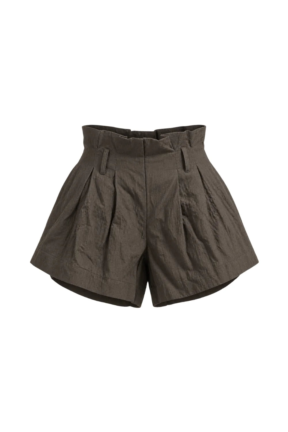 Ambitna crinkled mini shorts in khaki, detail of the crinkled cotton finish and side slit pockets. Independent Ukrainian designer at MIXMVSE London.