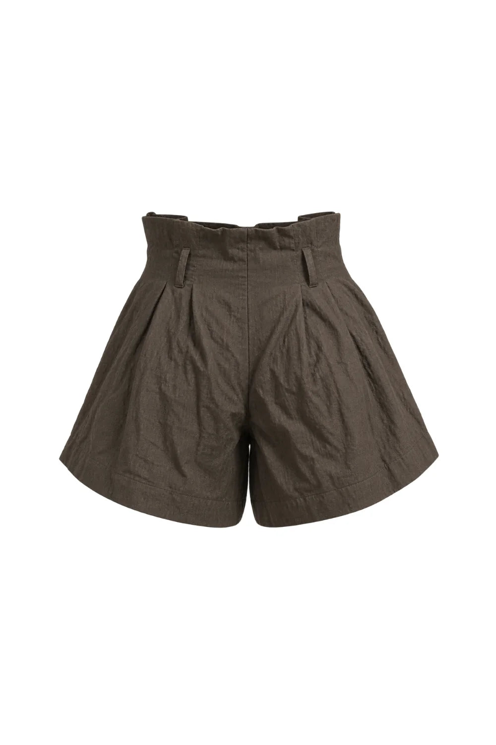 Ambitna crinkled mini shorts in khaki cotton, back view. Independent Ukrainian designer at MIXMVSE London.