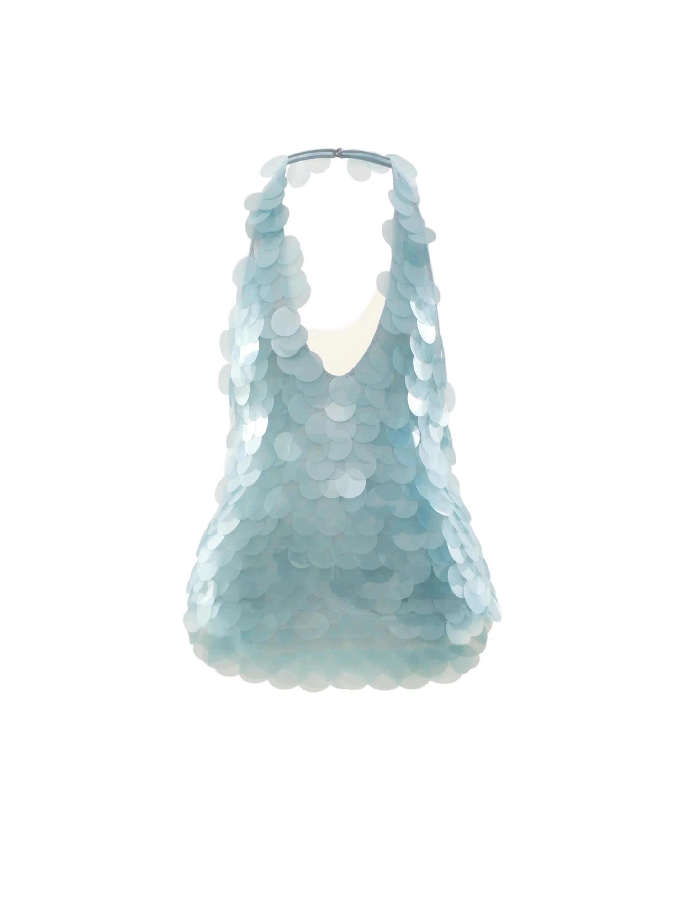 Cultnaked Paloma Top in aqua blue. Styled look of open-back halter top, Ukrainian independent designer at MIXMVSE London.
