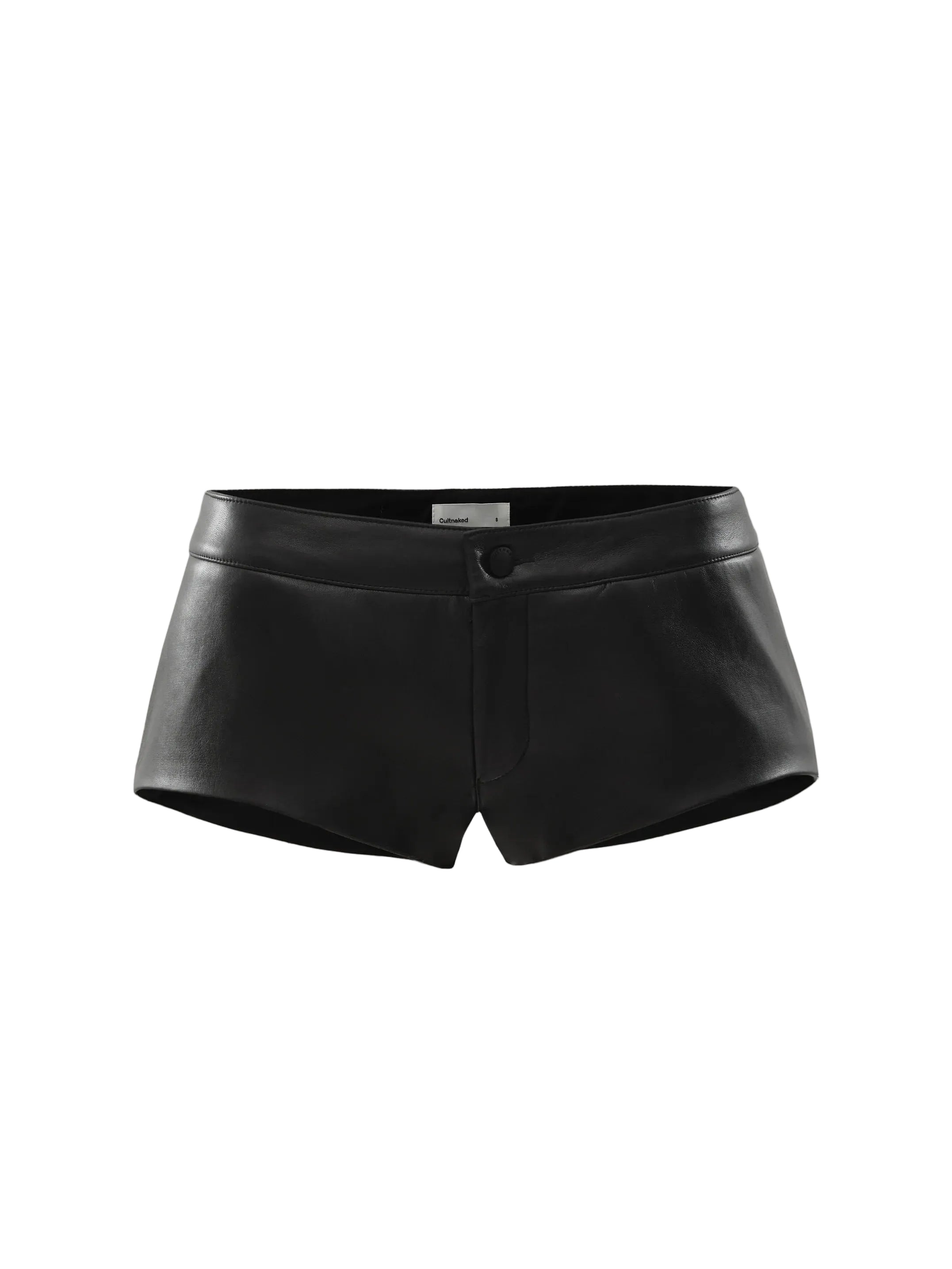 Cultnaked Mini Shorts in black leather. Styled look featuring 100% genuine leather mini shorts at MIXMVSE London.