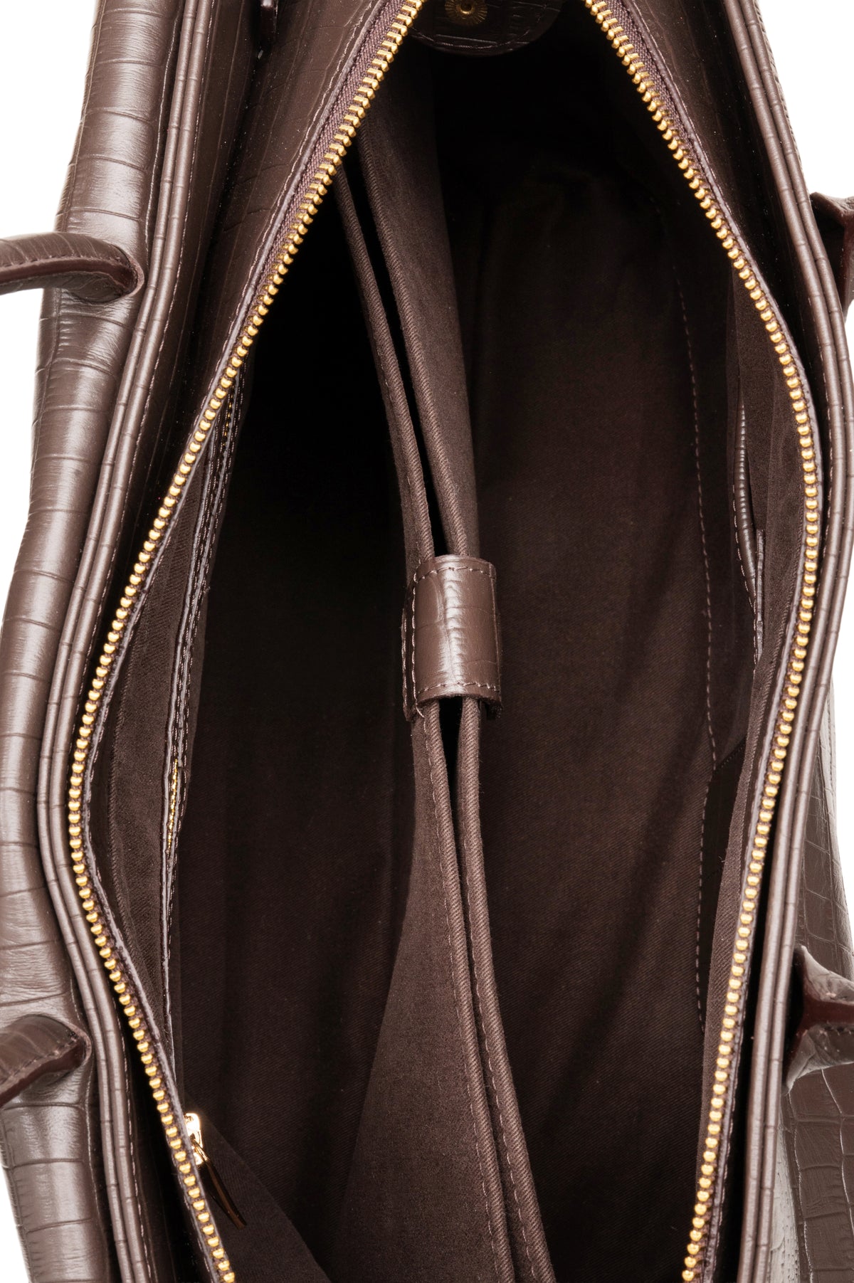 Du'Mo Portfolio Bag in brown leather. Interior view showing cotton lining, gold zip and internal pockets. Independent Ukrainian designer at MIXMVSE London.