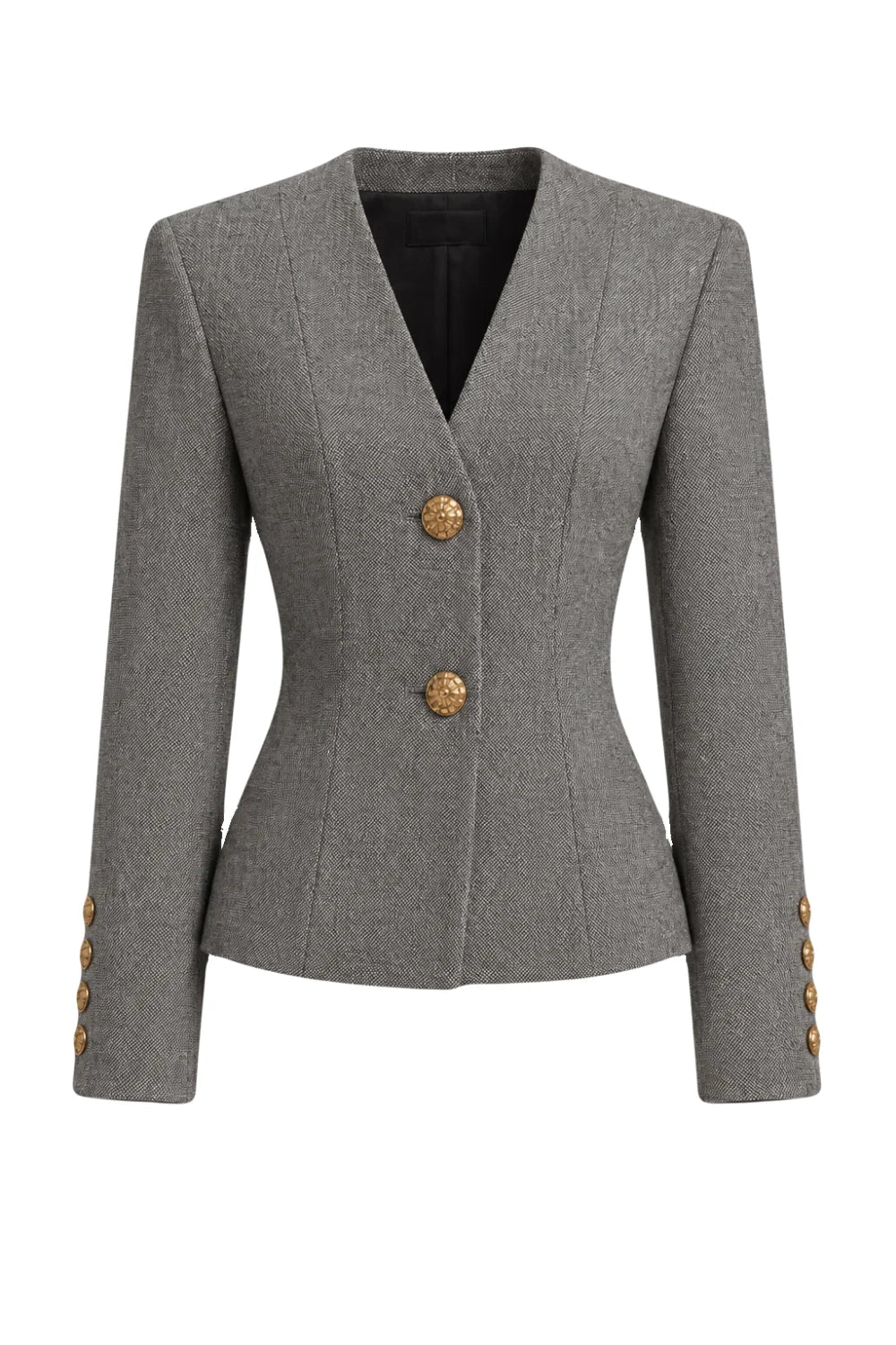 Ambitna grey tweed jacket, detail of the wool, hemp and angora weave. Independent Ukrainian designer at MIXMVSE London.