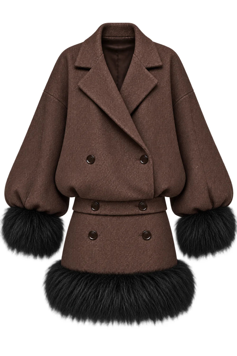 Ambitna brown two-piece suit with fur trim, full look. Coming soon at MIXMVSE London concept store.