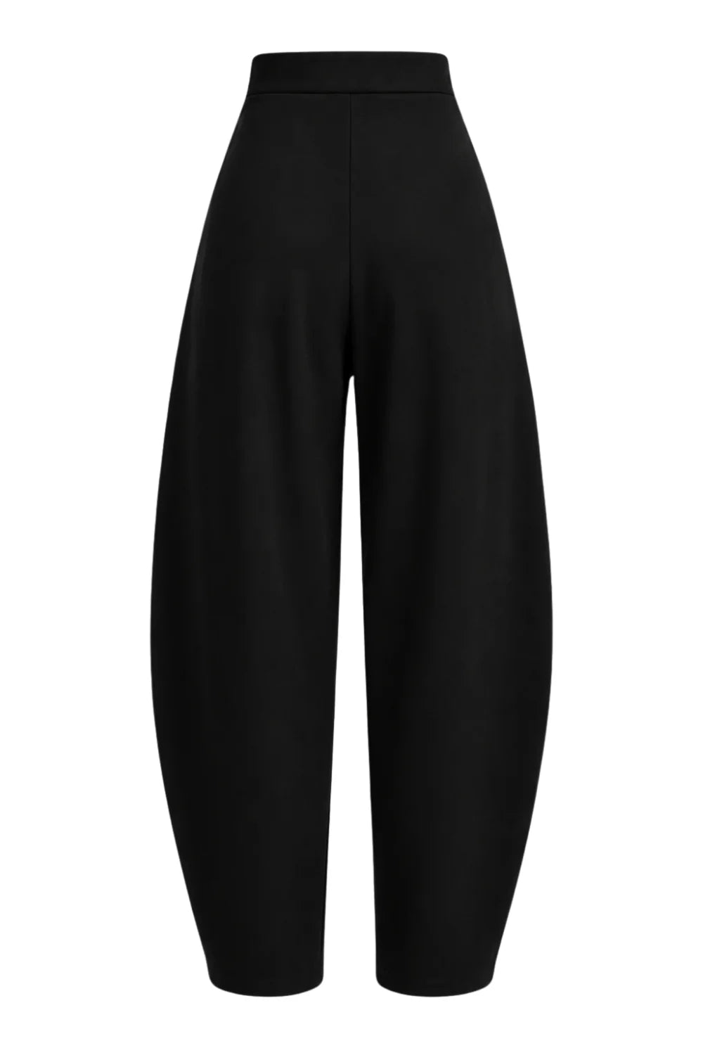 Ambitna black barrel-leg trousers, detail of the zip fly and slant pockets. Independent Ukrainian designer at MIXMVSE London.