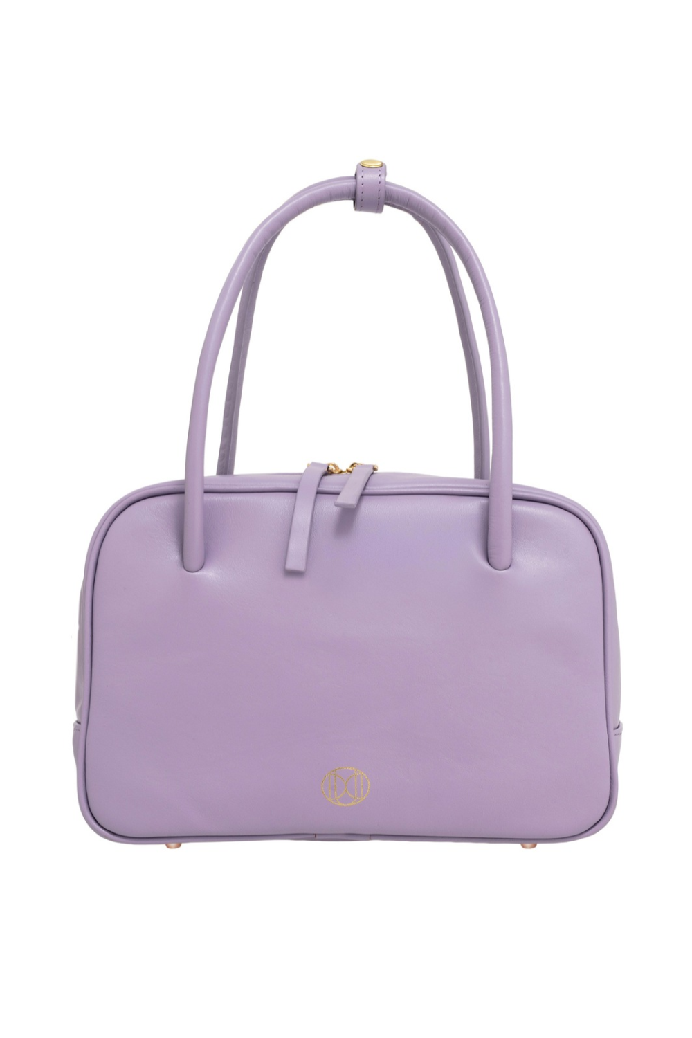 Du'Mo Poise Small Bag in lilac calf leather. Front view of the top-handle bag with gold monogram. Independent Ukrainian designer at MIXMVSE London.