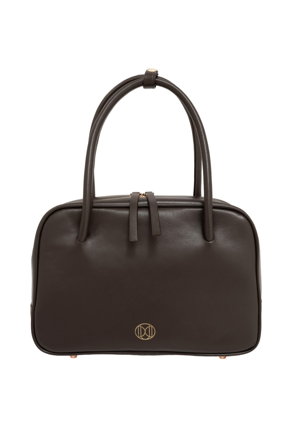Du'Mo Poise Small Bag in brown calf leather. Front view of the top-handle bag with gold monogram. Independent Ukrainian designer at MIXMVSE London.
