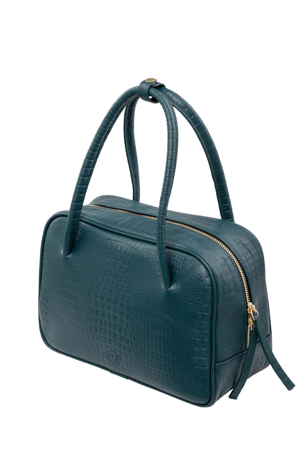 Du'Mo Poise Small Bag in sea wave crocodile-embossed leather. Three-quarter view showing the gold two-way zip. Independent Ukrainian designer at MIXMVSE London.