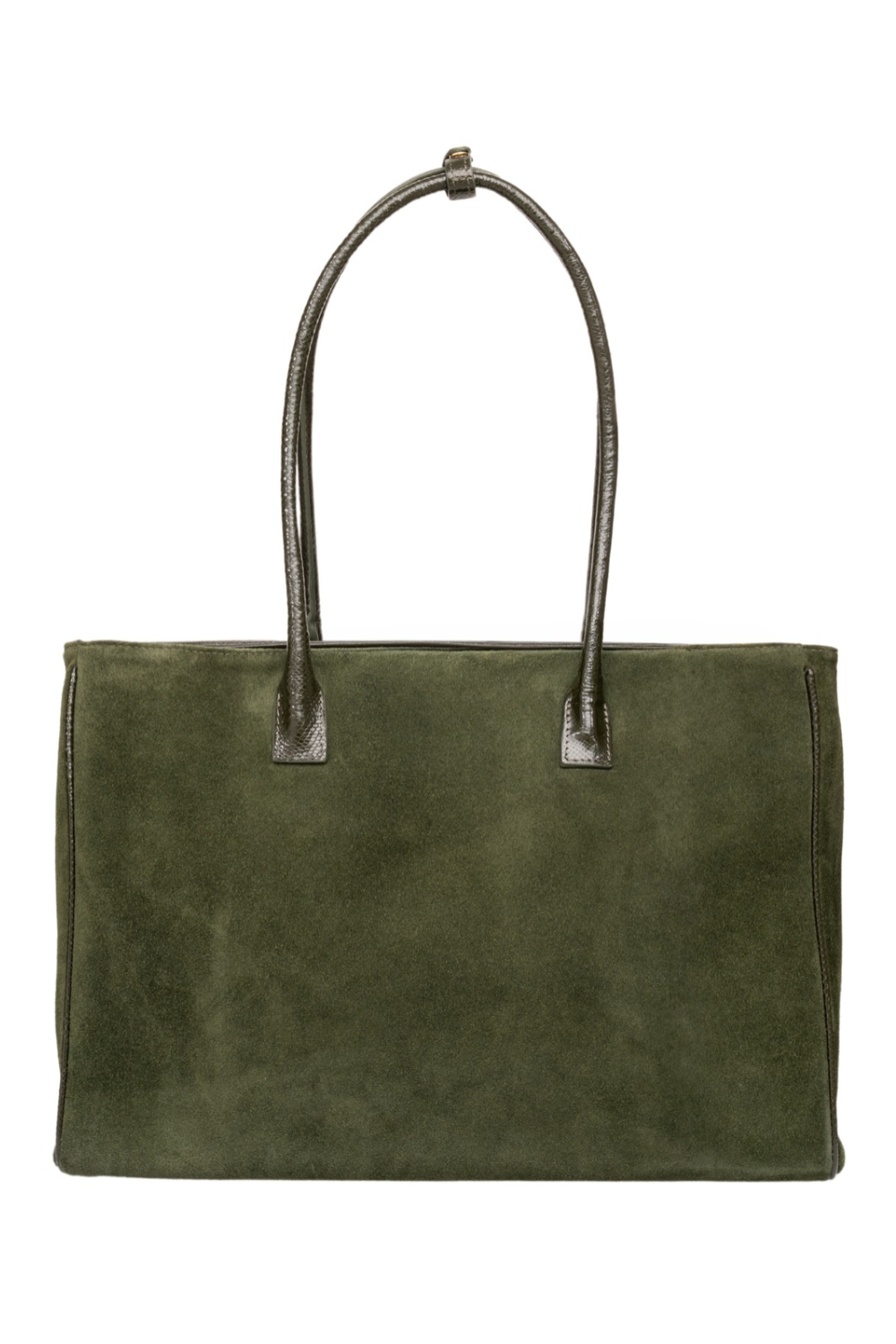 Du'Mo Portfolio Bag in olive green suede. Back view of the 15-inch laptop work bag with leather handles. Independent Ukrainian designer at MIXMVSE London.