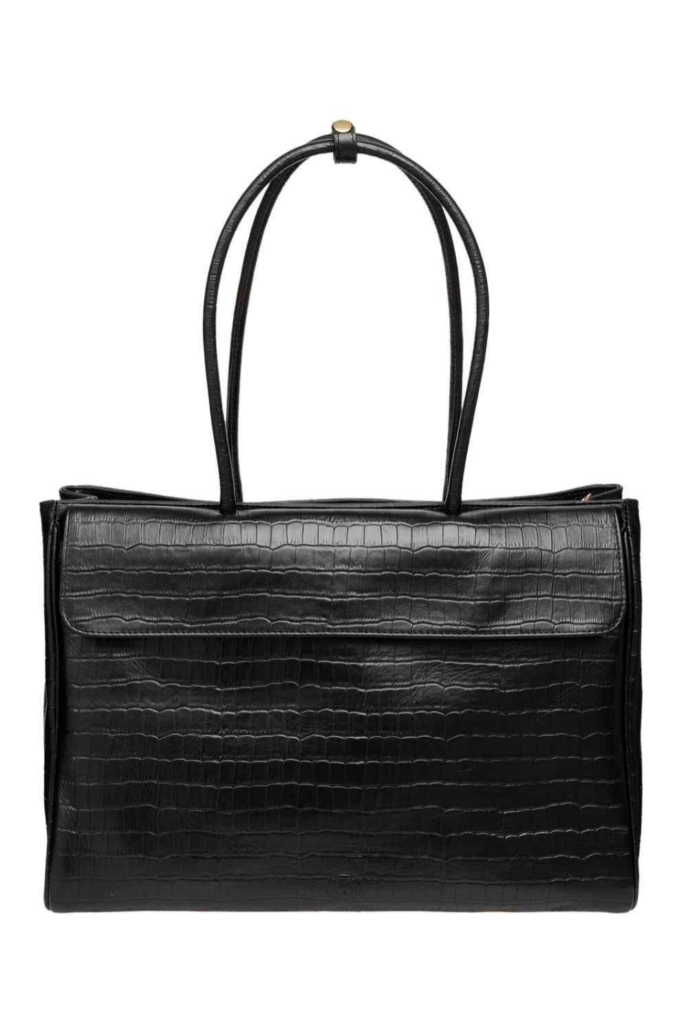 Du'Mo Portfolio Bag in black crocodile-embossed leather. Front view of the work bag with fold-over flap and shoulder handles. Independent Ukrainian designer at MIXMVSE London.