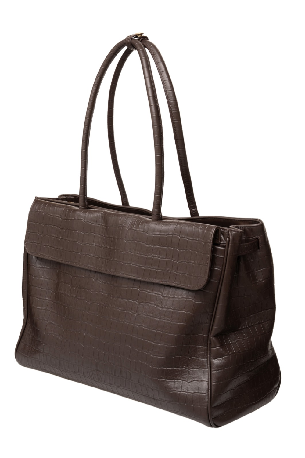 Du'Mo Portfolio Bag in brown croc-effect leather. Three-quarter view showing the roomy gusset and gold hardware. Made in Ukraine, at MIXMVSE London.