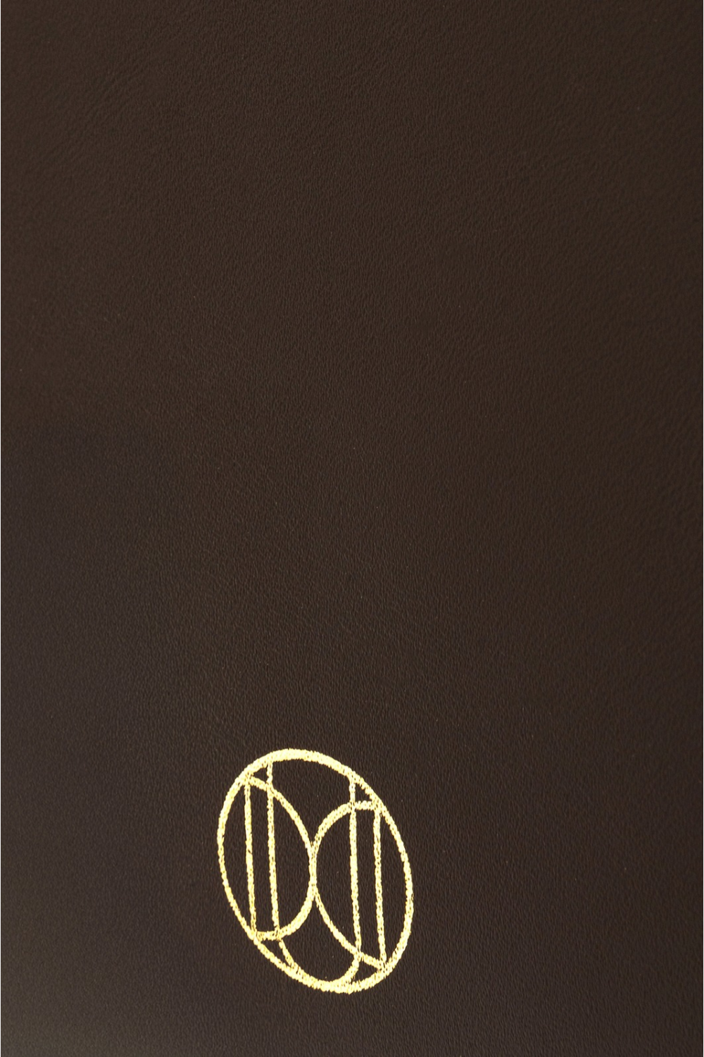 Du'Mo Poise Small Bag close-up of the gold Du'Mo monogram on brown calf leather. Independent Ukrainian designer at MIXMVSE London.