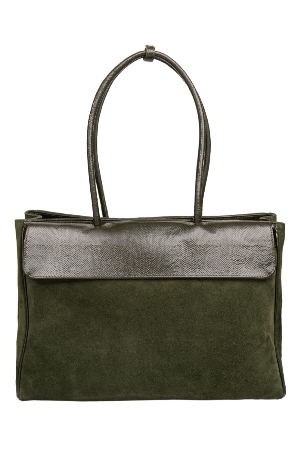 Du'Mo Portfolio Bag in olive green suede. Front view with smooth leather flap and shoulder handles. Independent Ukrainian designer at MIXMVSE London.