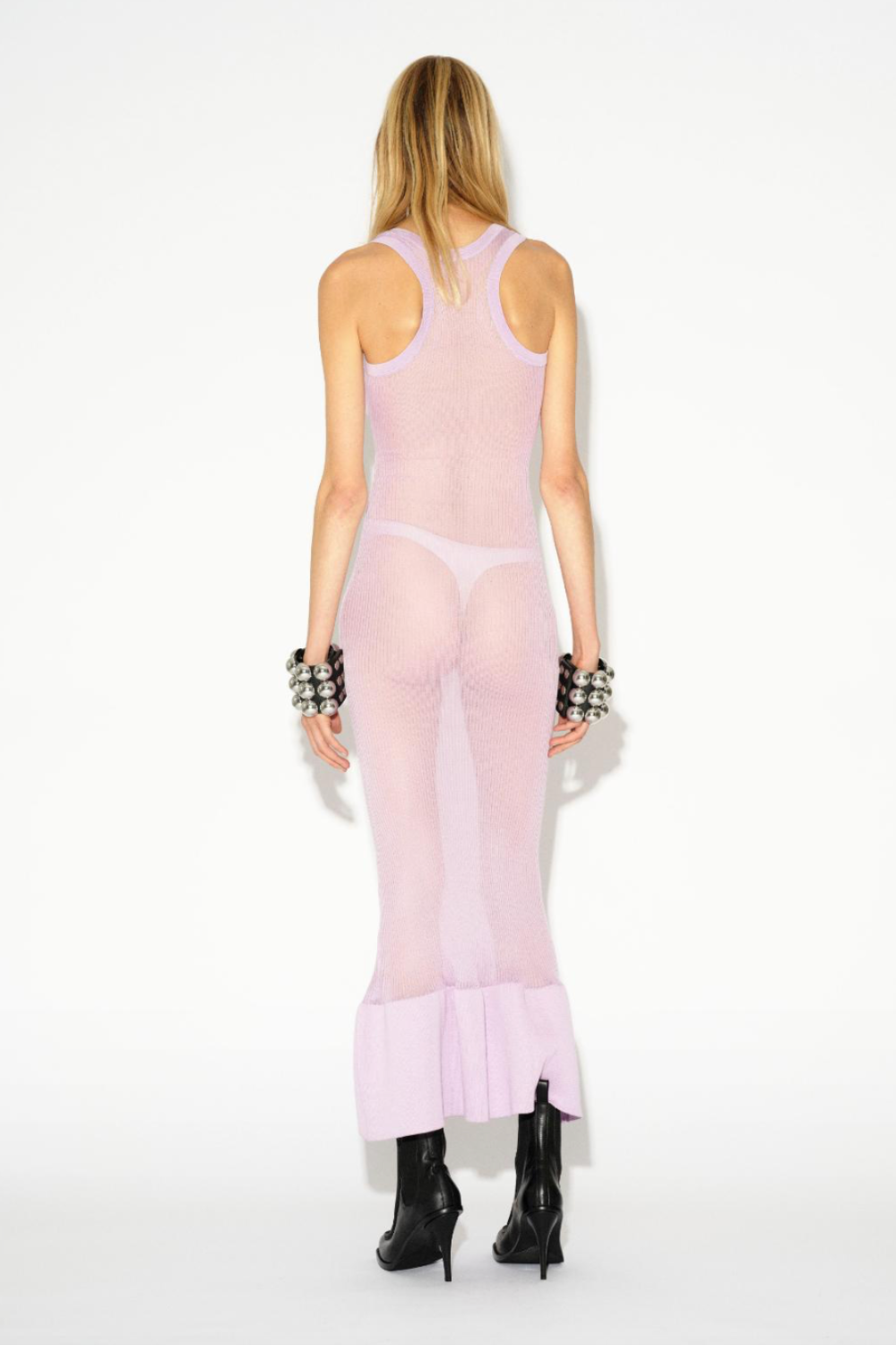 LAFORMELA lila sheer knit dress worn on model. Independent Czech designer from Prague at MIXMVSE London.