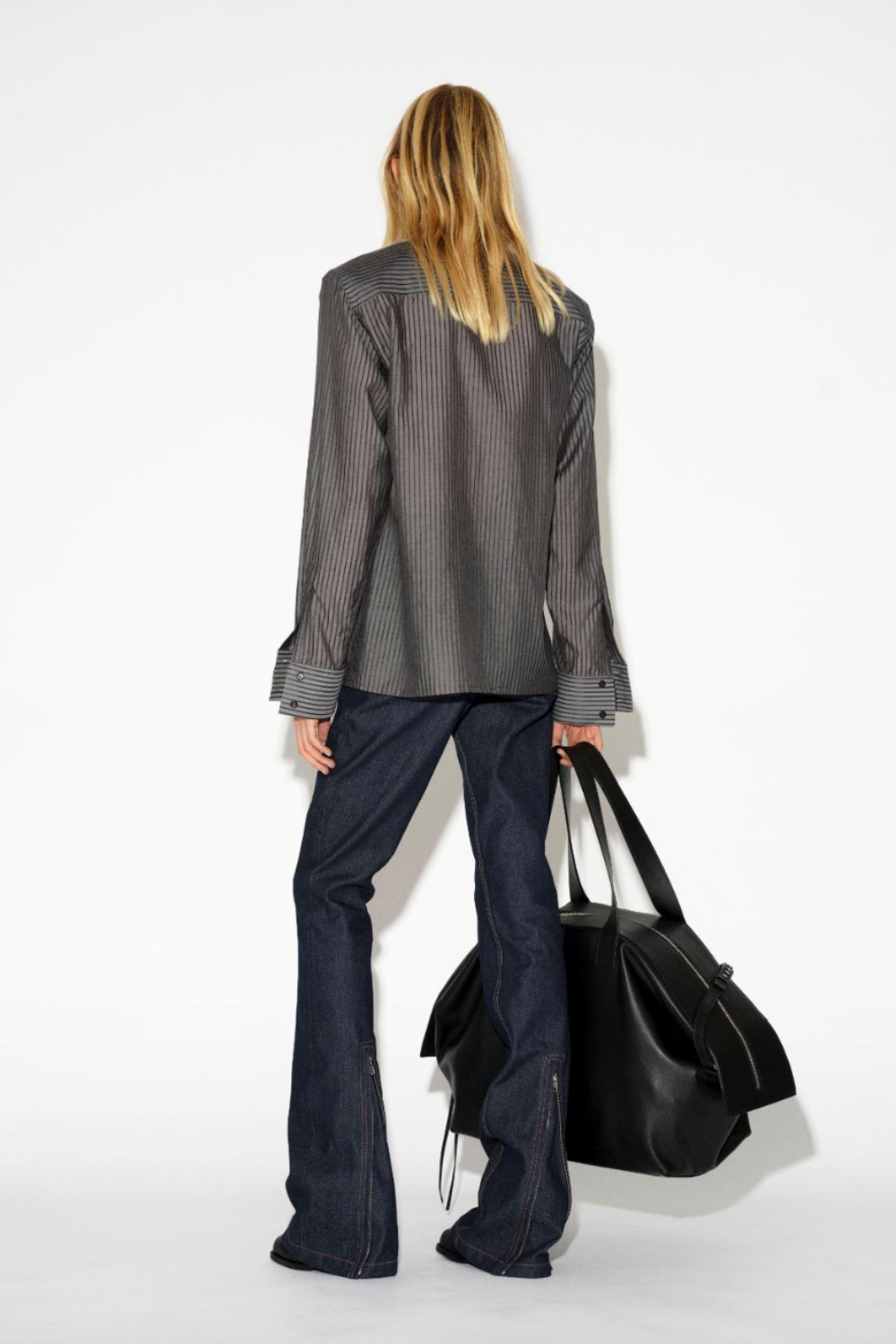 LAFORMELA dark grey pinstripe shirt, styled look. Independent Czech designer from Prague at MIXMVSE London.