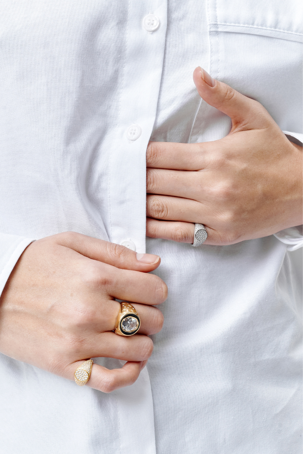 Chuk Pinky Ring Set styled with a Raw Desire ring in gold and black. Ukrainian designer jewellery at MIXMVSE London.