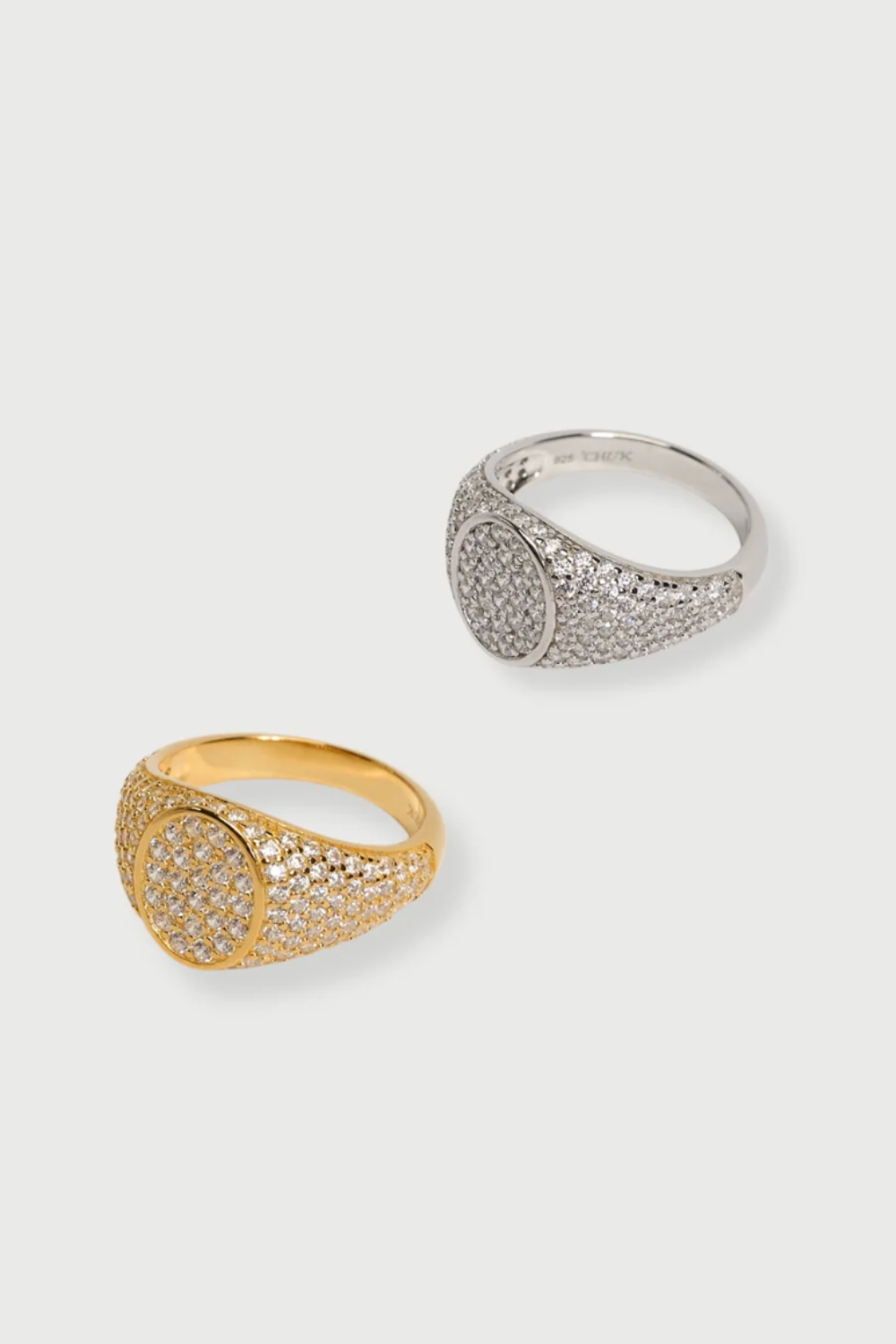 Chuk Pinky Ring Set: two sterling silver pinky rings in 18K gold and rhodium with cubic zirconia. Ukrainian designer jewellery at MIXMVSE London.