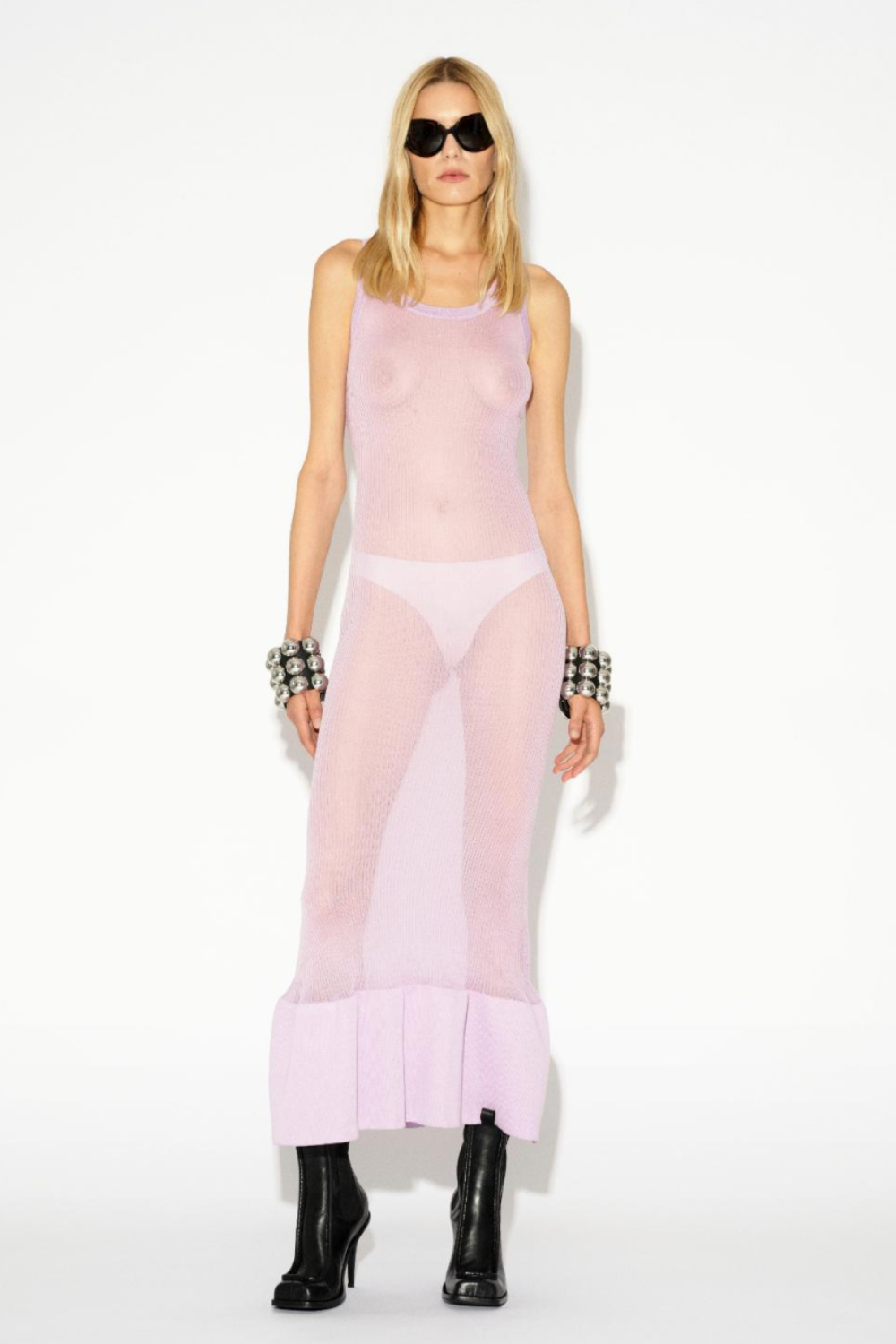 LAFORMELA sheer knit dress in lila, figure-skimming silhouette. Independent Czech designer from Prague at MIXMVSE London.