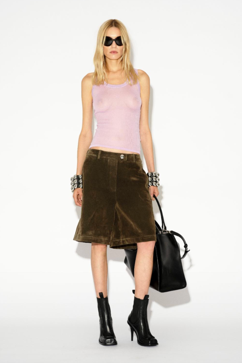 LAFORMELA look with olive green vintage-effect velvet denim shorts and a lilac sheer knit tank top. Independent Czech designer from Prague at MIXMVSE London.