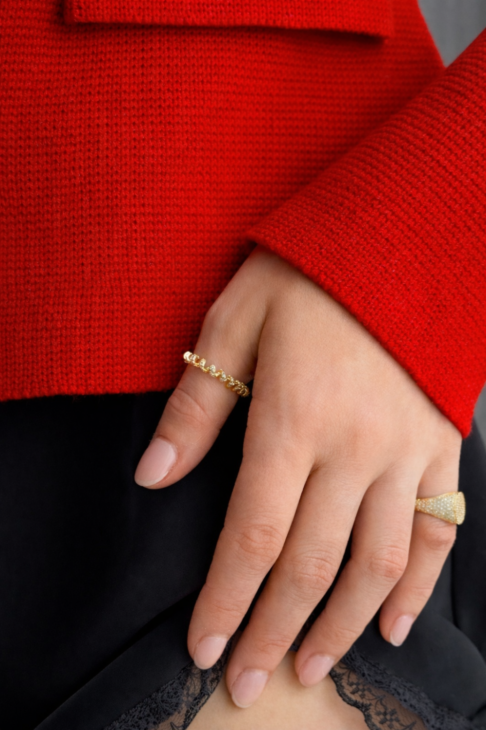Chuk Spiral ring showing the sculptural gold vermeil coil and cubic zirconia. Ukrainian designer jewellery at MIXMVSE London.