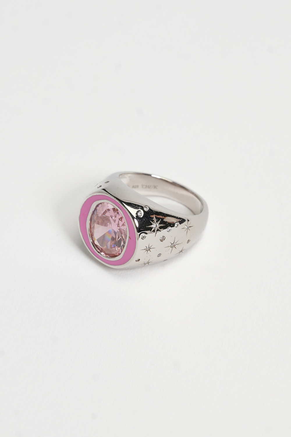 Chuk Raw Desire ring in rhodium-plated sterling silver with enamel and a pink cubic zirconia. Ukrainian designer jewellery at MIXMVSE London.