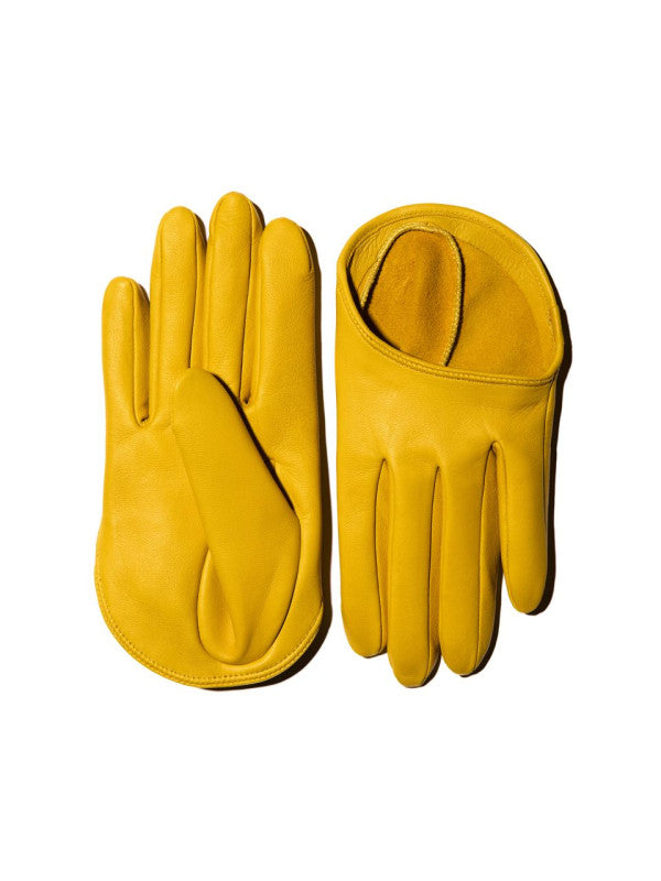 TO BE Accessories saffron yellow Lunar gloves with open wrist, styled look. Independent Ukrainian designer at MIXMVSE London.