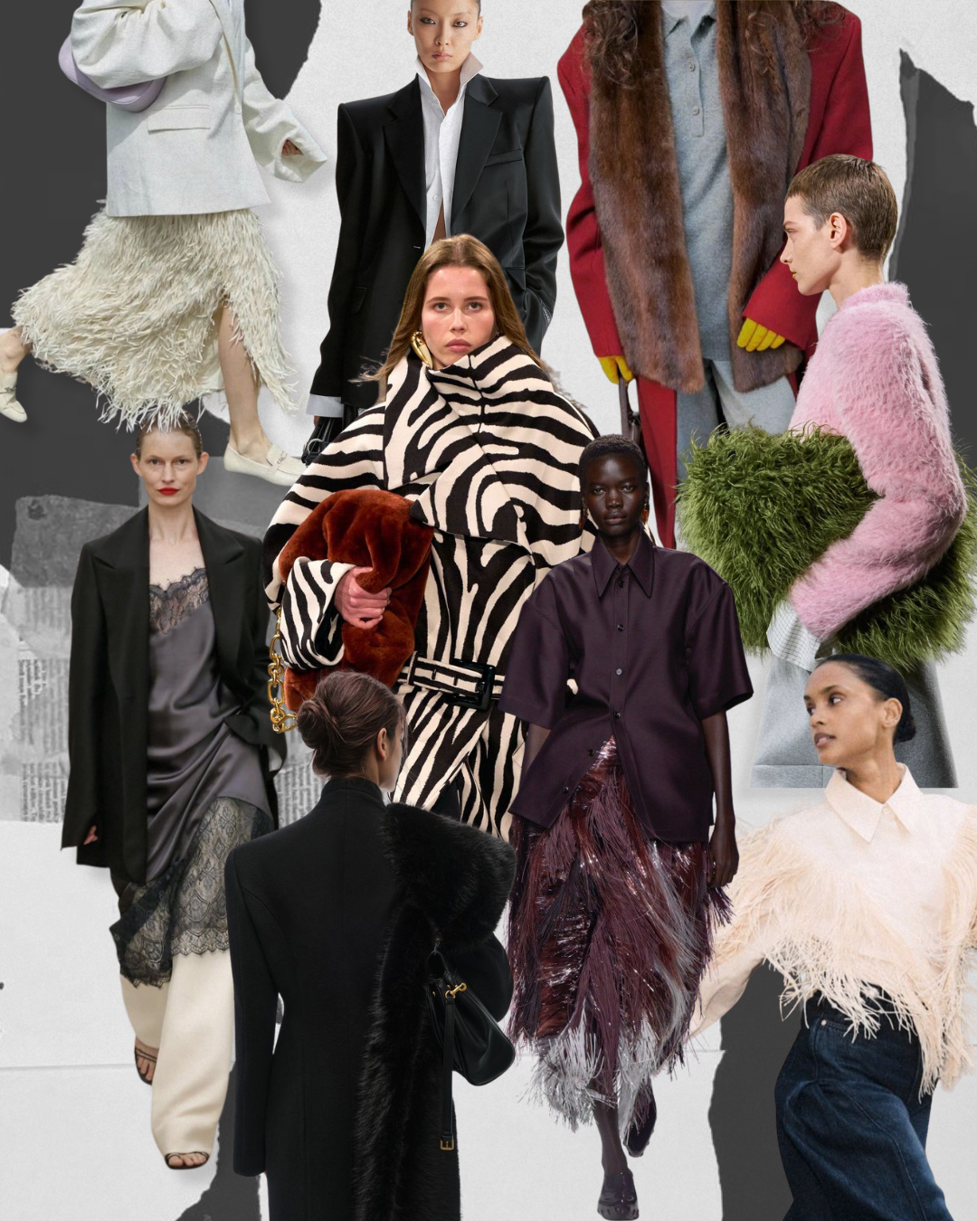 MIXMVSE 2026 fashion trends editorial: structured coats, zebra print, lace and Cloud Dancer white.