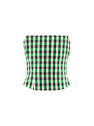 Cultnaked Vixen Bandeau Corset Top in green gingham. Styled look featuring corset top, Ukrainian independent designer at MIXMVSE London.