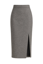 Ambitna grey tweed skirt, detail of the wool, hemp and angora weave. Independent Ukrainian designer at MIXMVSE London.