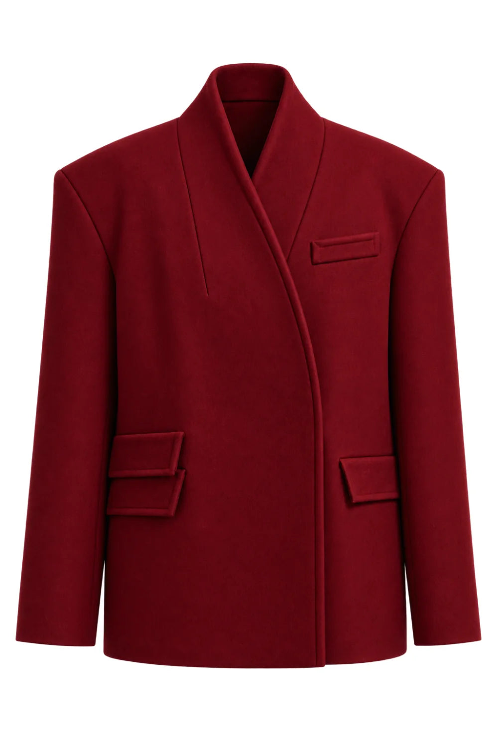 Ambitna red wool and cashmere coat, detail of the buttoned front and jetted pockets. Independent Ukrainian designer at MIXMVSE London.
