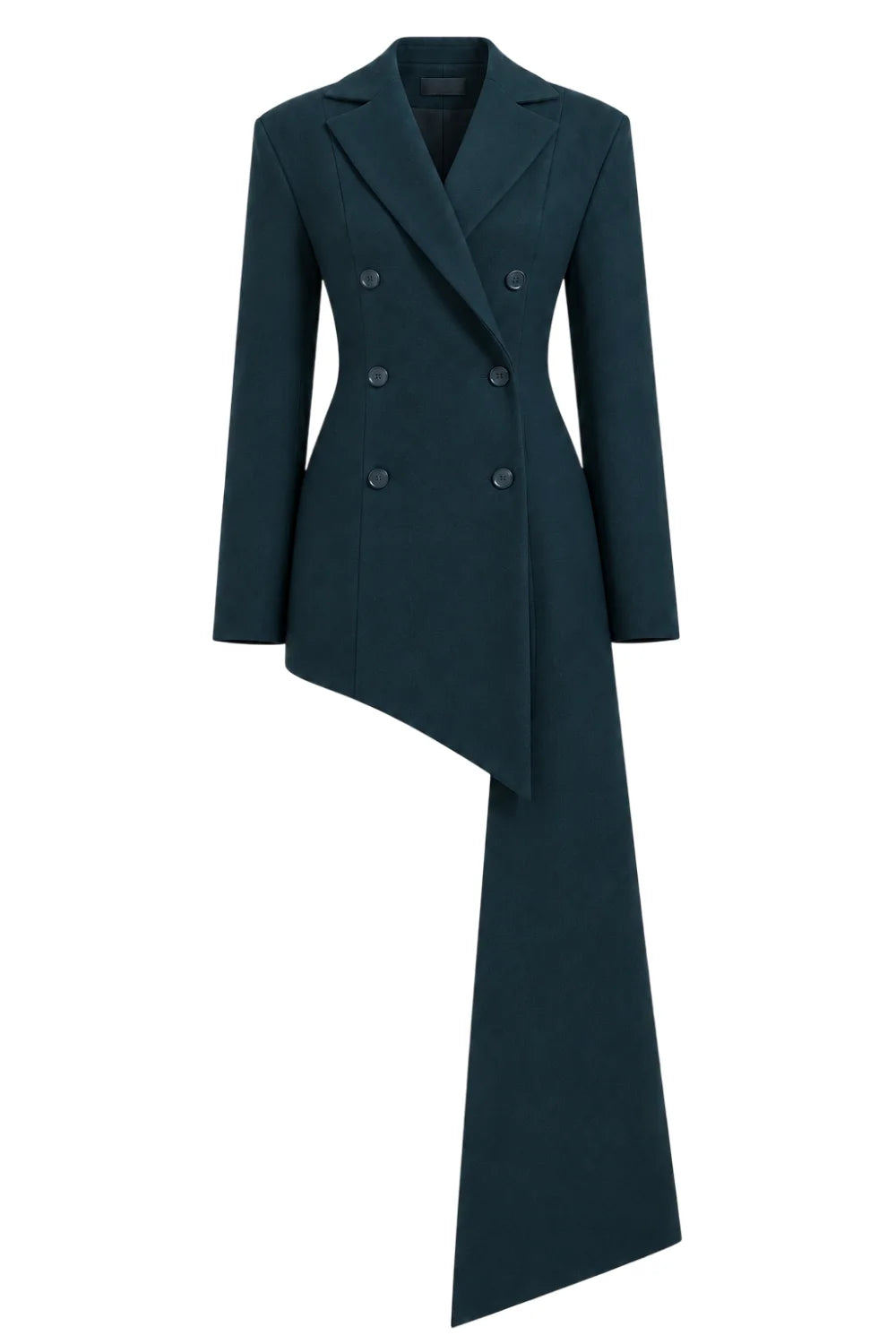 Ambitna emerald wool asymmetric jacket, detail of the asymmetric buttoned front. Independent Ukrainian designer at MIXMVSE London.