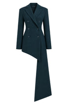 Ambitna emerald wool asymmetric jacket, detail of the asymmetric buttoned front. Independent Ukrainian designer at MIXMVSE London.
