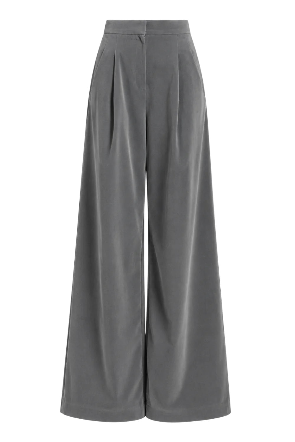 Ambitna velvet trousers in grey wool, detail of the zip and button fastening and concealed pockets. Independent Ukrainian designer at MIXMVSE London.