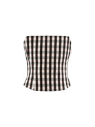 Cultnaked Bandeau Corset Top in brown gingham. Detail view of cotton-lyocell fabric and square neckline. Independent Ukrainian designer at MIXMVSE London.