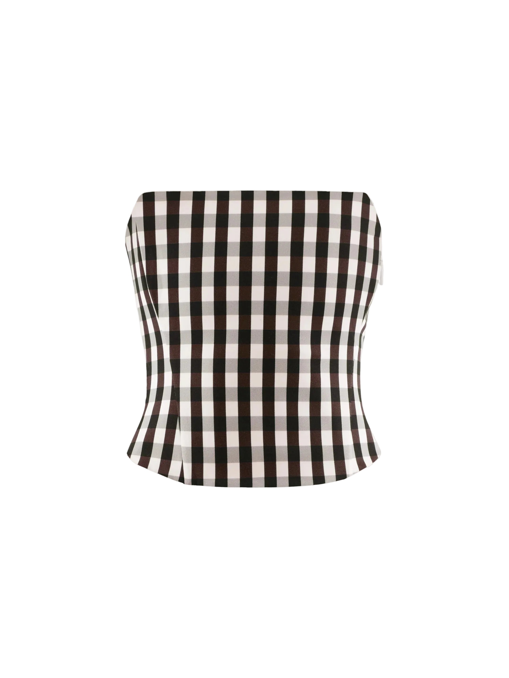 Cultnaked Bandeau Corset Top in brown gingham. Detail view of cotton-lyocell fabric and square neckline. Independent Ukrainian designer at MIXMVSE London.