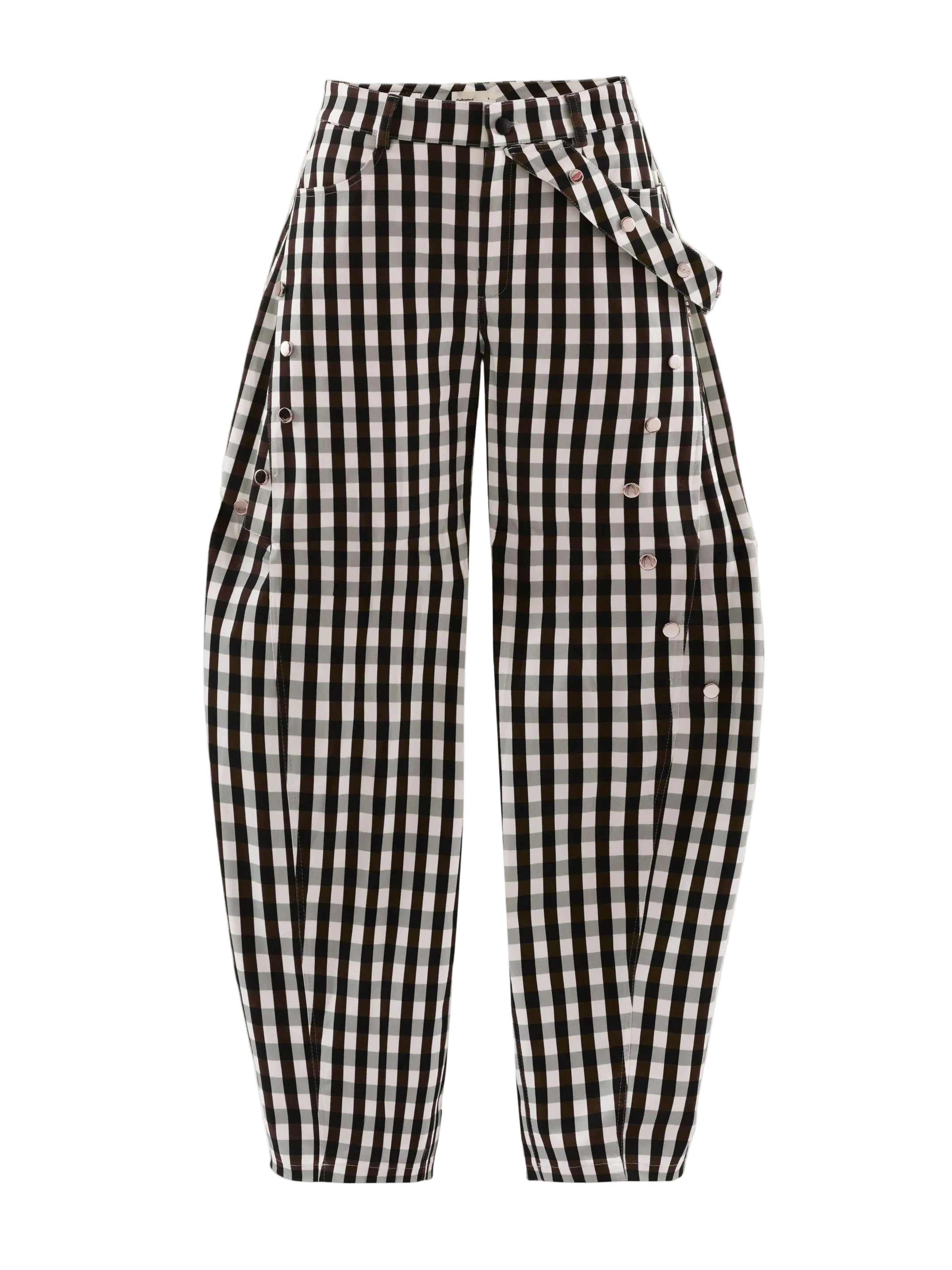 Cultnaked Barrel Pants in brown cotton-lyocell. Styled look of barrel-leg trousers, Ukrainian independent designer at MIXMVSE London.