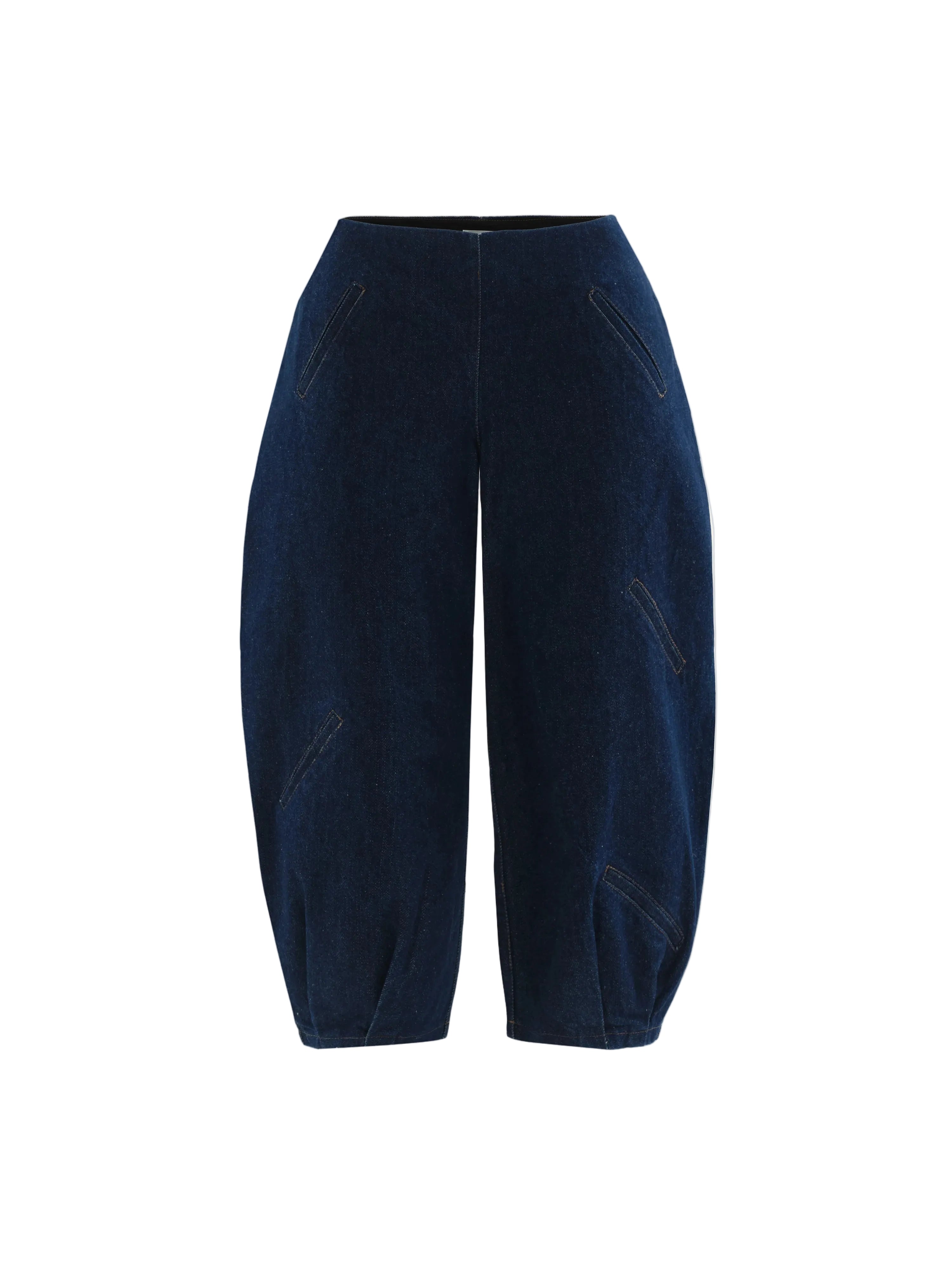 Cultnaked Big Walk Pants in blue organic cotton. Styled look of low-rise capri trousers, Ukrainian independent designer at MIXMVSE London.