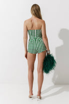 Cultnaked Vixen Shorts in green gingham. Back view of cotton-lyocell shorts. Available at MIXMVSE London concept store.