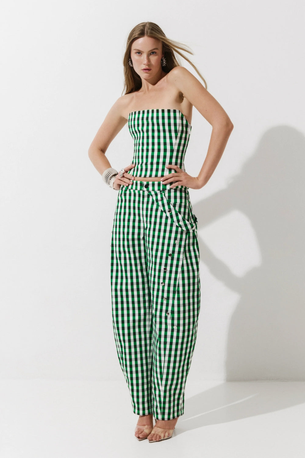 Cultnaked Vixen Bandeau Corset Top in green gingham. Front view of cotton-lyocell corset with collarbone-baring cut. Independent Ukrainian designer at MIXMVSE London.