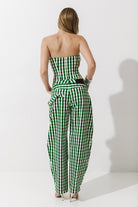 Cultnaked Vixen Bandeau Corset Top in green gingham. Detail view of cotton-lyocell fabric and collarbone cut. Independent Ukrainian designer at MIXMVSE London.