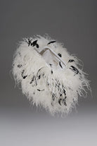 Cultnaked Snap Clutch in Dalmatian ostrich feather. Front view of evening clutch with clasp closure. Independent Ukrainian designer at MIXMVSE London.