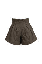 Ambitna crinkled mini shorts in khaki cotton, back view. Independent Ukrainian designer at MIXMVSE London.