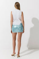 Cultnaked Shuffle Mini Skort in aqua blue recycled polyester. Detail of built-in shorts construction. Independent Ukrainian designer at MIXMVSE London.