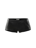 Cultnaked Mini Shorts in black leather. Styled look featuring 100% genuine leather mini shorts at MIXMVSE London.