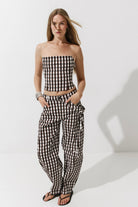 Cultnaked Bandeau Corset Top in brown gingham. Front view of cotton-lyocell corset with square neckline. Independent Ukrainian designer at MIXMVSE London.