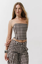 Cultnaked Bandeau Corset Top in brown gingham. Side view with concealed zip closure. Made in Ukraine, at MIXMVSE London.