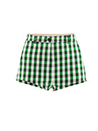 Cultnaked Vixen Shorts in green gingham. Styled look featuring high-waisted shorts, Ukrainian independent designer at MIXMVSE London.