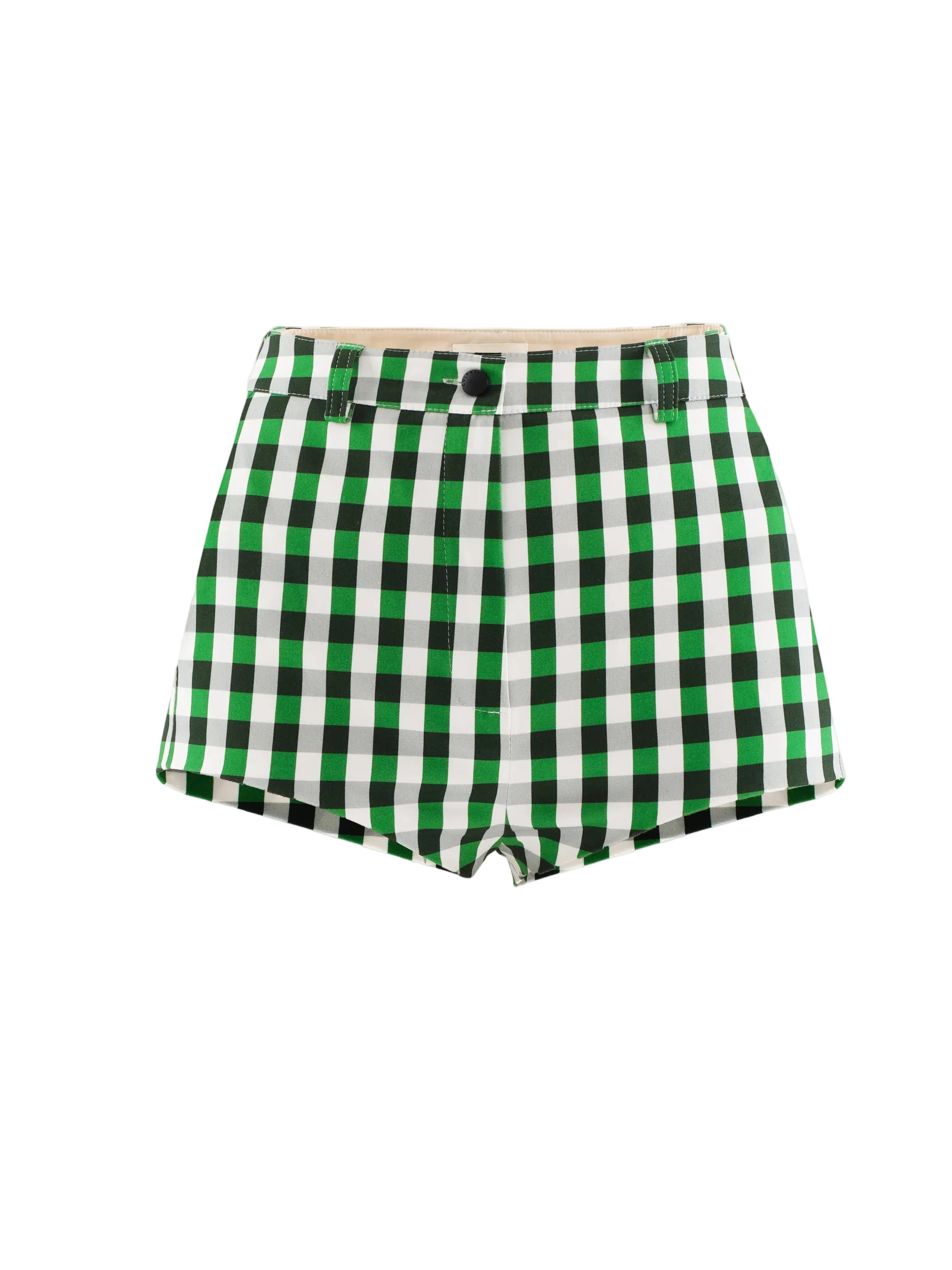 Cultnaked Vixen Shorts in green gingham. Styled look featuring high-waisted shorts, Ukrainian independent designer at MIXMVSE London.