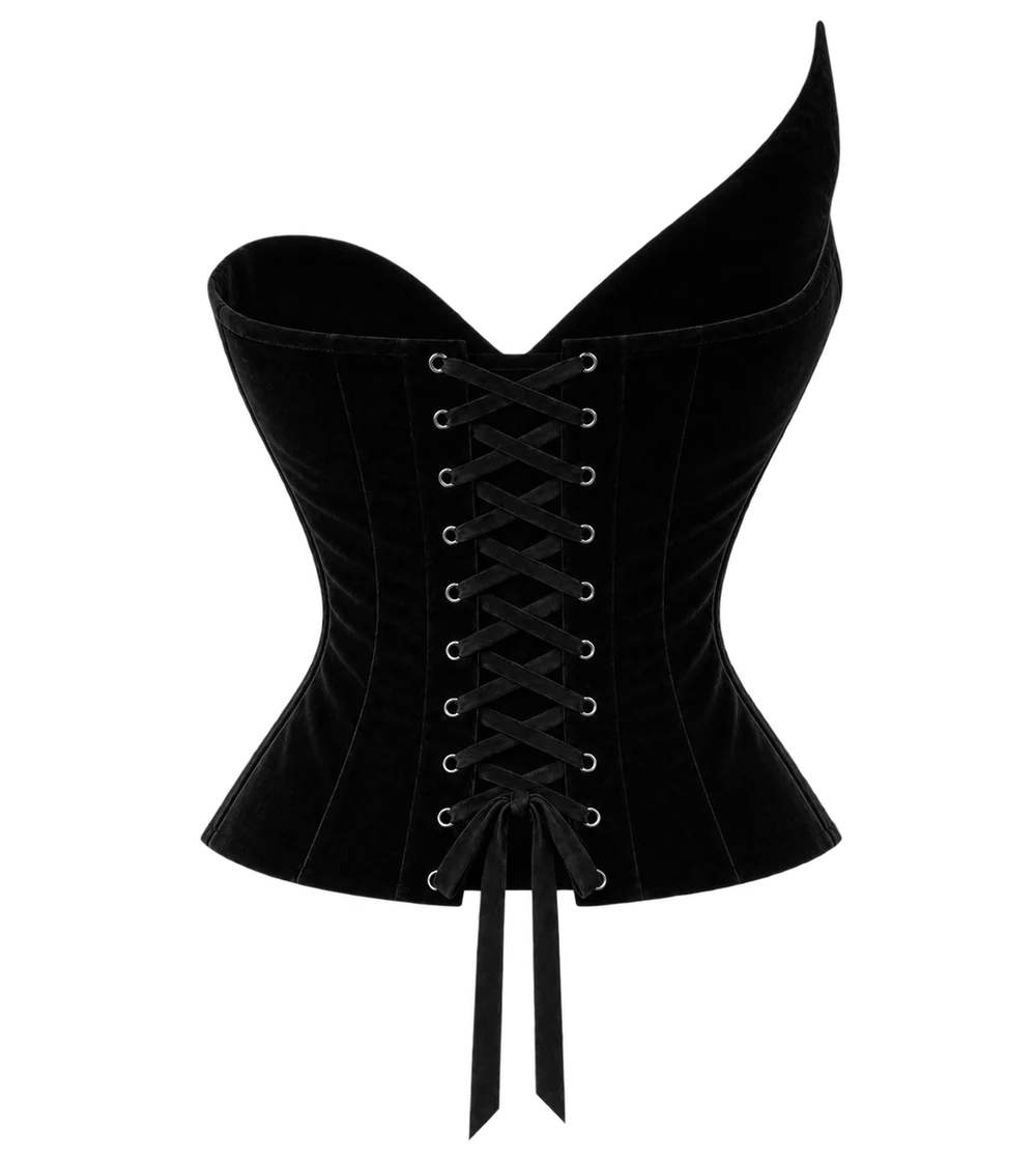 Ambitna black velvet corset, detail of the angled neckline and structured bodice. Coming soon at MIXMVSE London concept store.