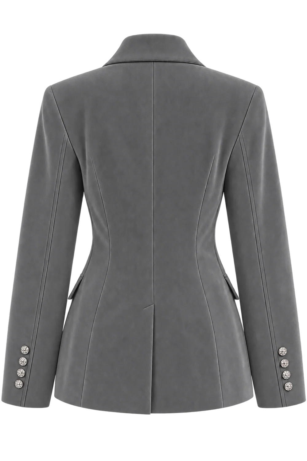 Ambitna velvet blazer in grey wool, styled back view. Independent Ukrainian designer at MIXMVSE London.